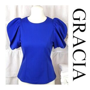 Gracia Royal Blue Short Puff Sleeve Top Size S